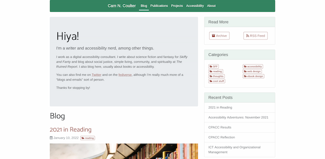 Screenshot of a simple blog with a green header bar, a welcome message, a sidebar with Read More, Categories, and Recent Posts headings. A recent post's title, date, and featured image are visible.